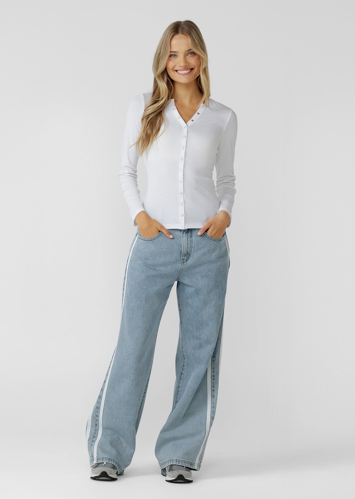 Lorna Jane Retro Snap Button Long Sleeve Rib Top - White